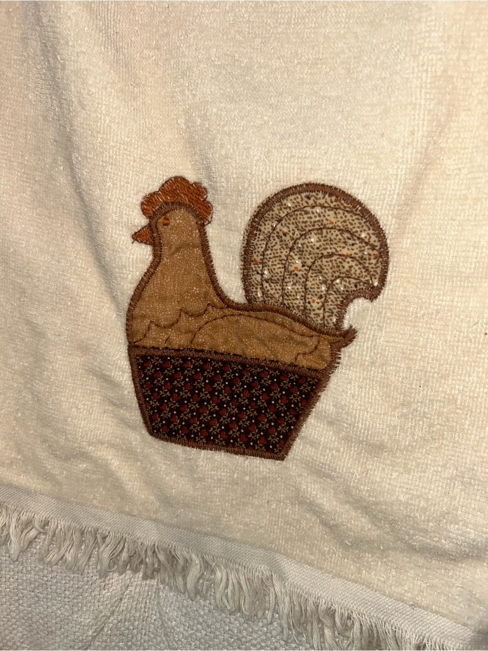 Vintage Embroidered Hen Applique Tea Towel - Neutral Brown & Cream